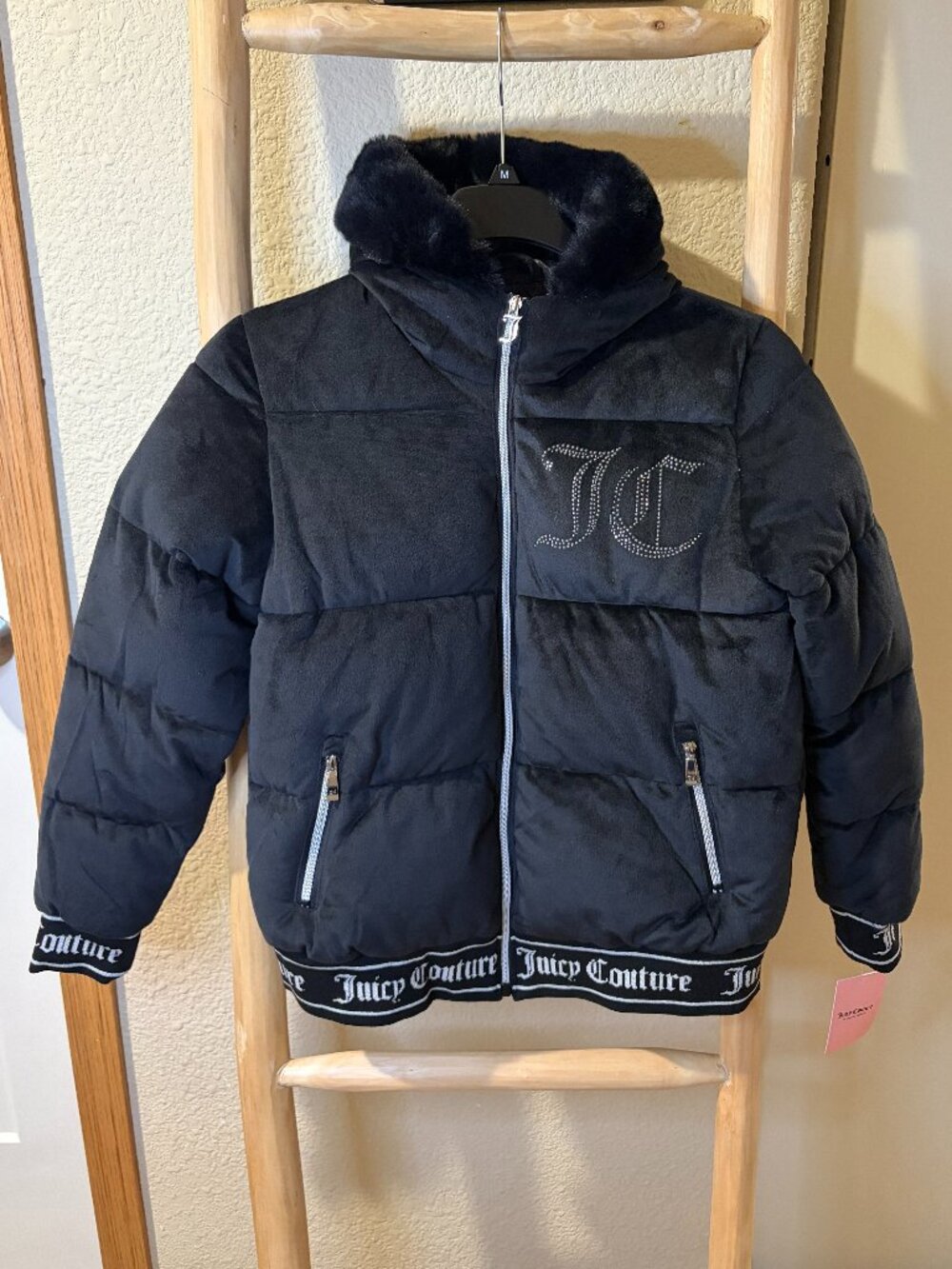 Juicy Couture Black Faux Fur Puffer Jacket Rhinestone JC Logo M NWT